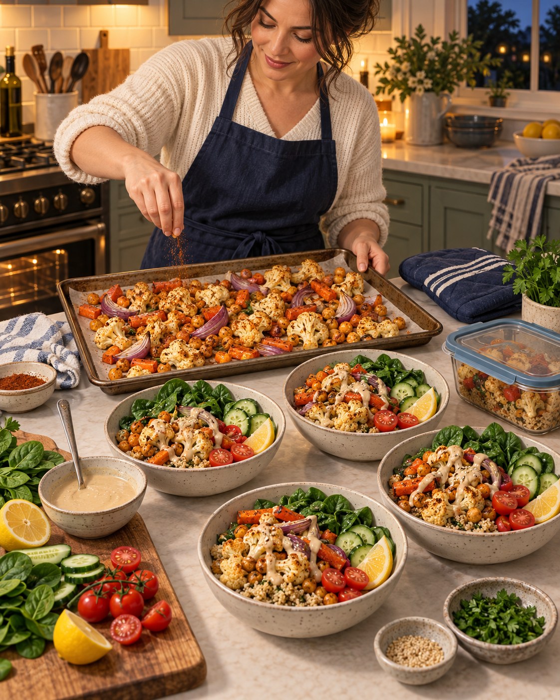 Woman assembling four quinoa bowls with roasted cauliflower, chickpeas, carrots, greens, cucumber, tomatoes, and tahini