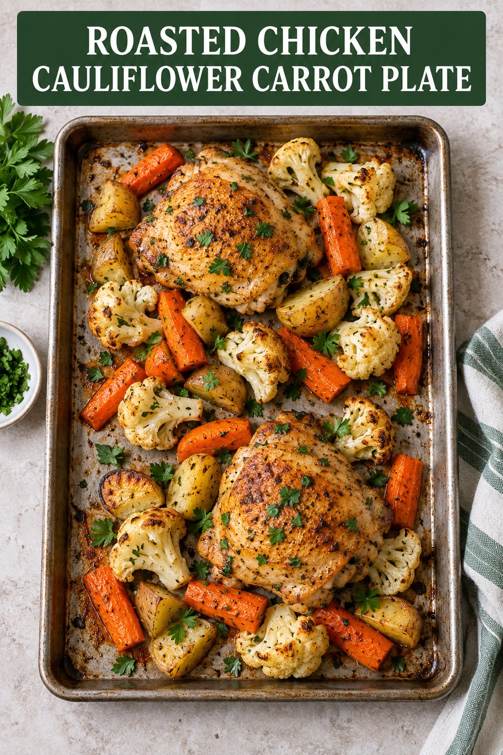 Two servings of roasted chicken cauliflower carrot plate made with chicken, cauliflower, and vegetables.