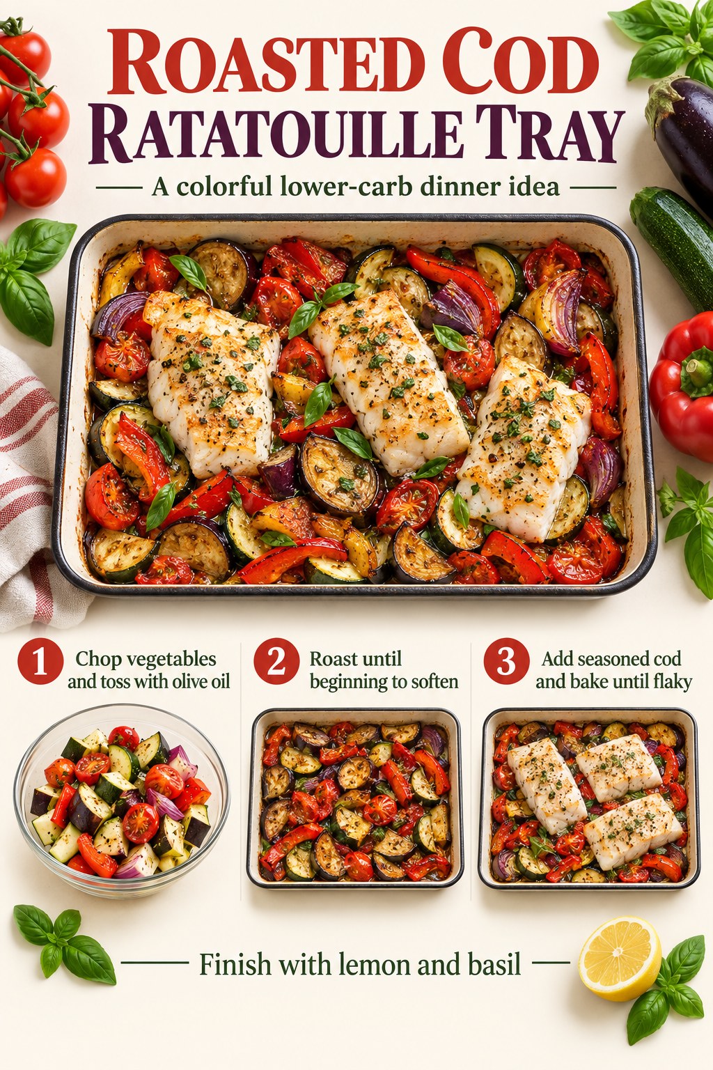 Roasted cod ratatouille tray infographic with zucchini, eggplant, tomatoes, peppers, lemon, basil, and three cooking steps.
