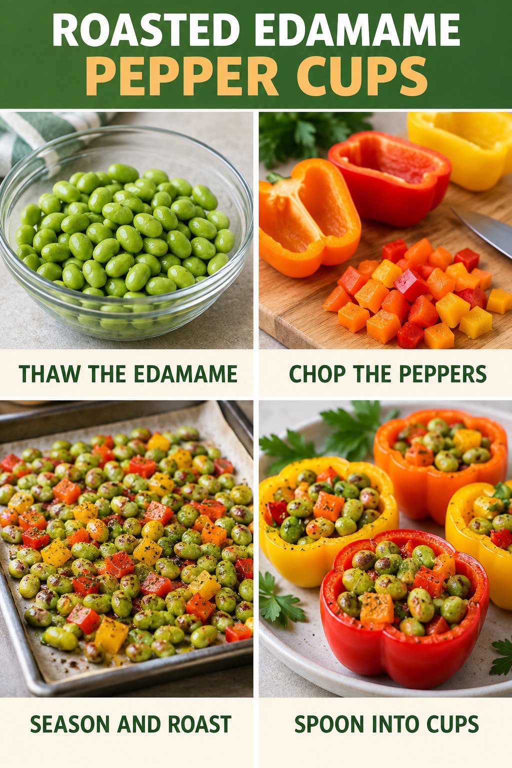 Roasted edamame pepper cup infographic with thawed edamame, chopped peppers, roasting, and filled cups.