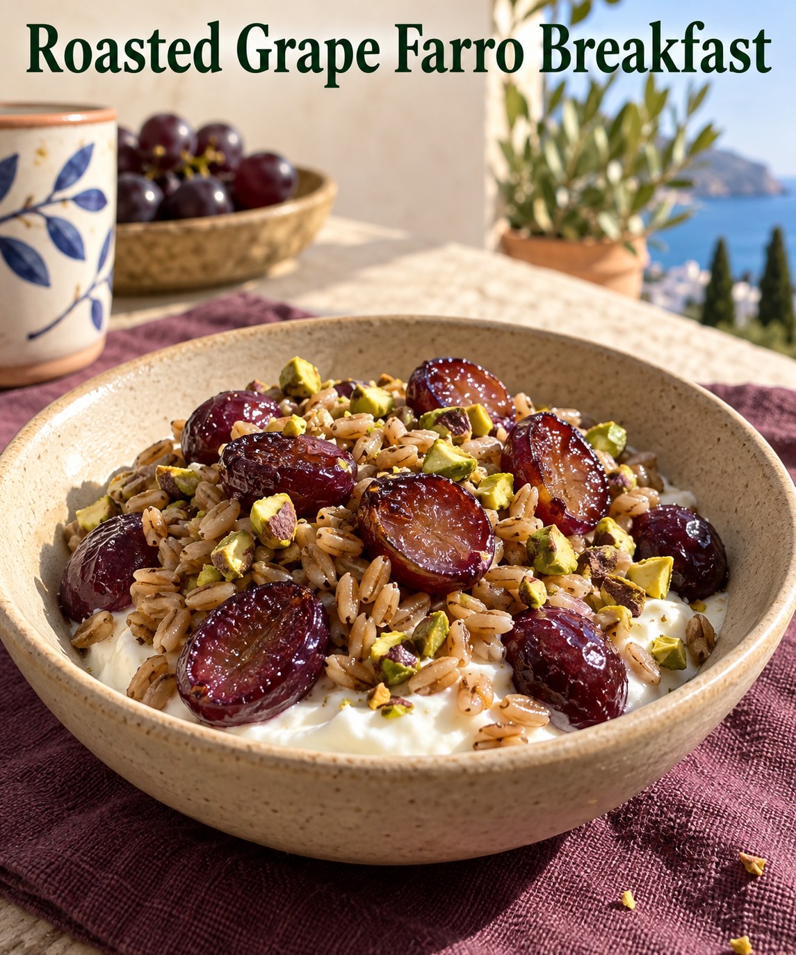 Yogurt with roasted grapes farro and pistachios beneath the words Roasted Grape Farro Breakfast.