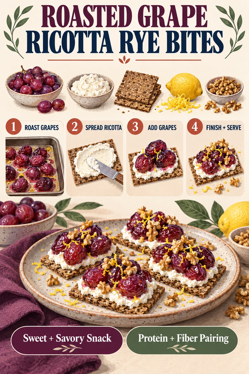 Portrait recipe infographic showing roasted grapes, ricotta, rye crispbread, lemon zest, walnuts, and four assembly steps.