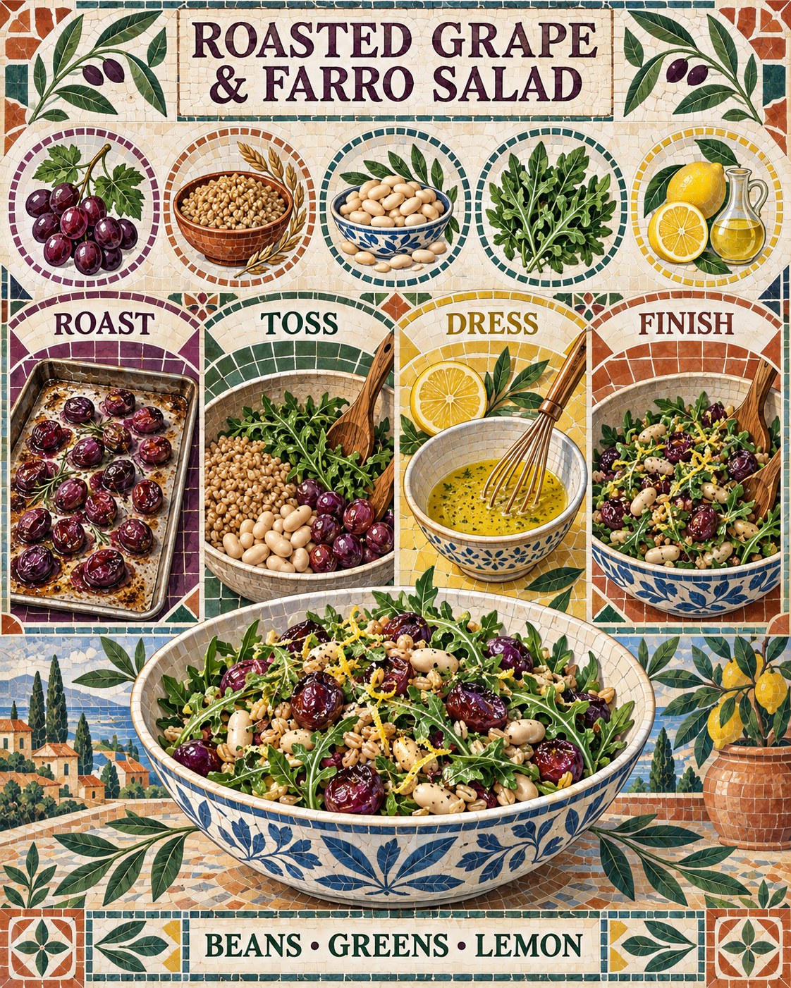 Aubergine, emerald, terracotta, yellow, and stone mosaic recipe infographic for roasted grape farro salad.