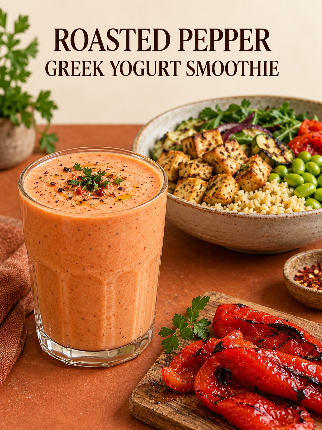 Coral roasted red pepper yogurt smoothie beside a separate tofu edamame couscous bowl and red pepper pieces.