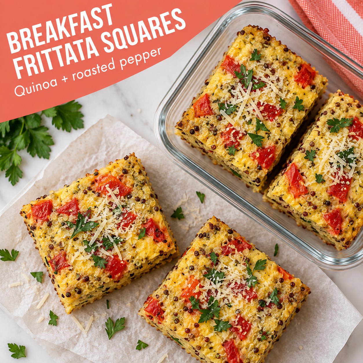 Square slices of quinoa and roasted red pepper frittata in a lunch container beside the words Breakfast Frittata Squares.