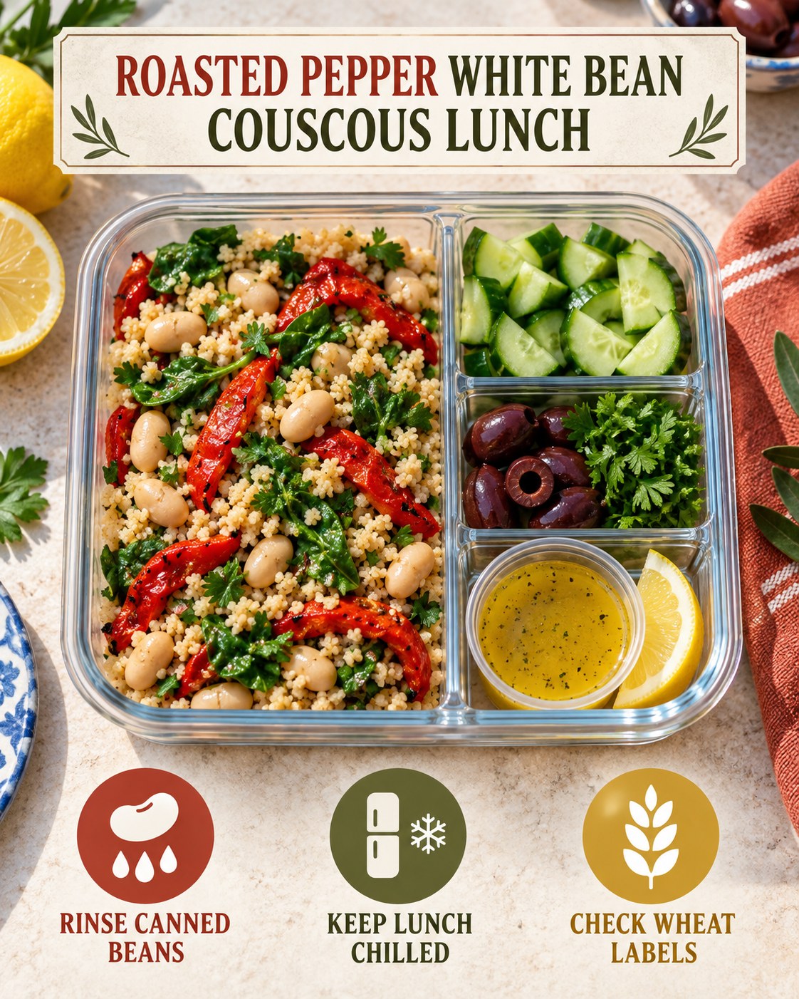 Roasted pepper white bean couscous lunch box with spinach, cucumber, olives, parsley, lemon, and dressing