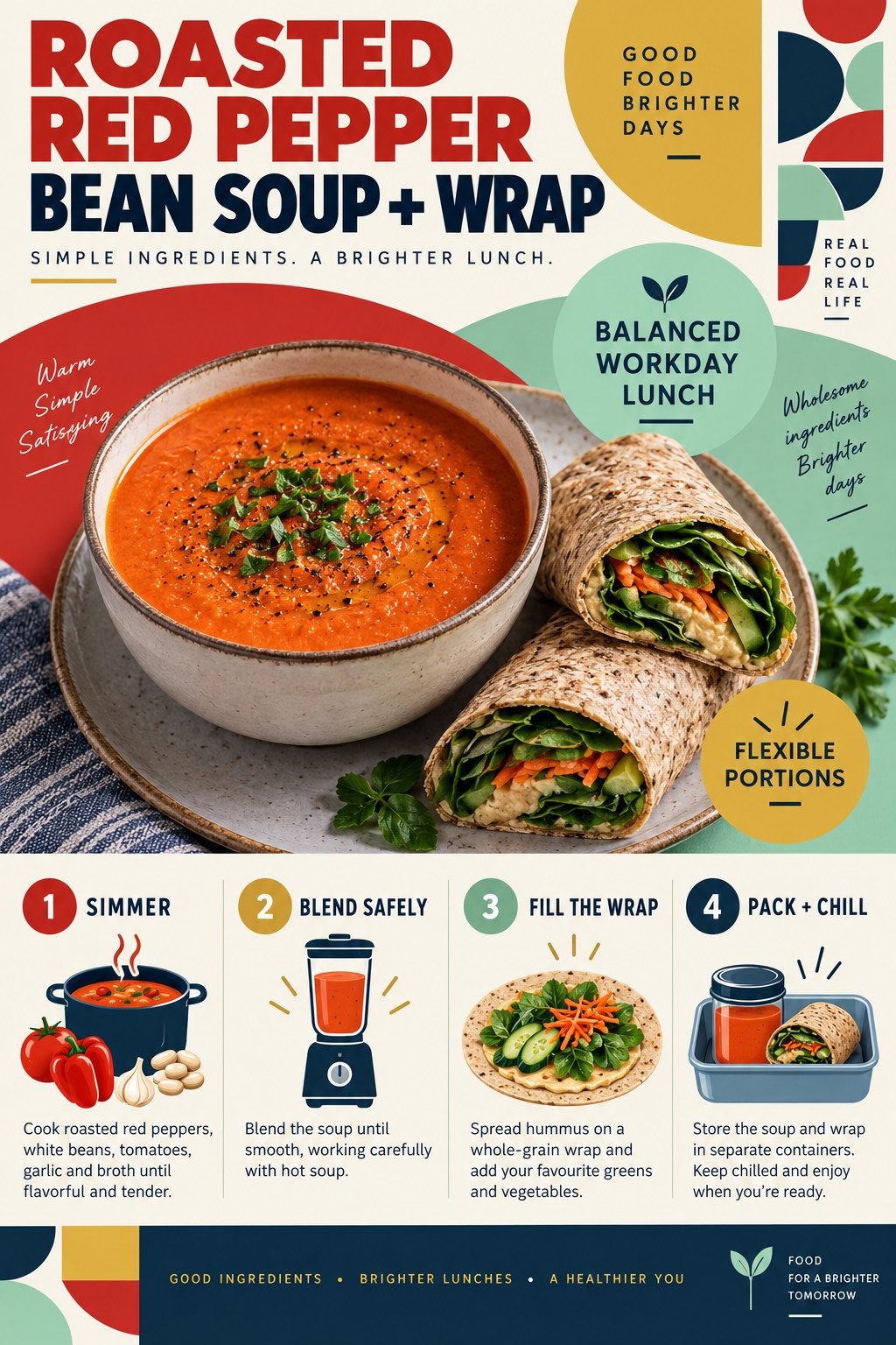 Portrait lunch infographic showing roasted red pepper white bean soup, a hummus vegetable wrap, and simmering, blending, filling, and packing steps.