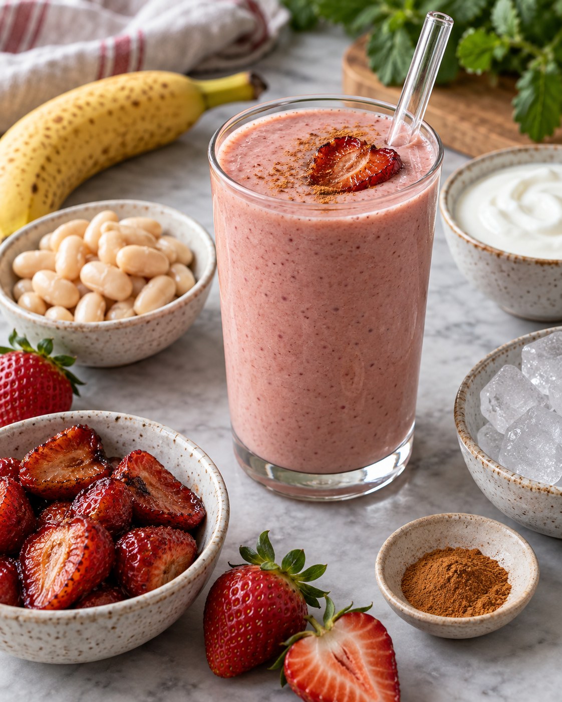 Roasted strawberry smoothie with banana, plain yogurt, white beans, cinnamon, and ice on a kitchen counter