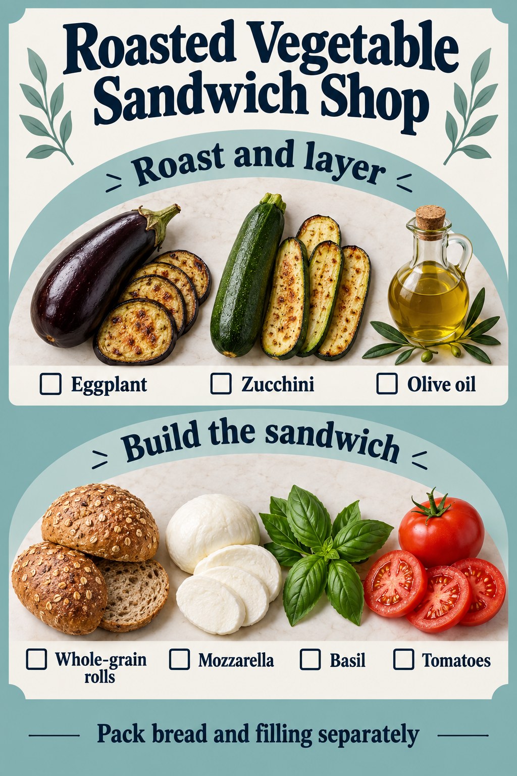 Teal and ivory sandwich grocery checklist with eggplant, zucchini, oil, whole-grain rolls, mozzarella, basil and tomatoes.