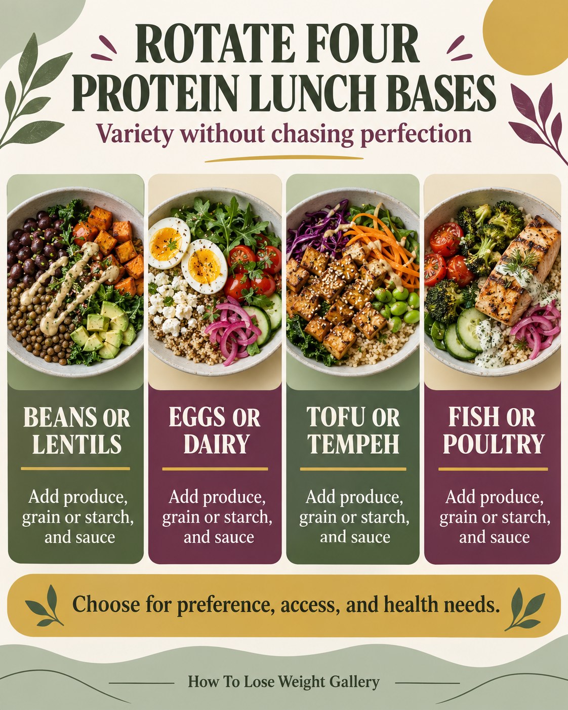 Four lunch bowls showing beans or lentils, eggs or dairy, tofu or tempeh, and fish or poultry protein bases
