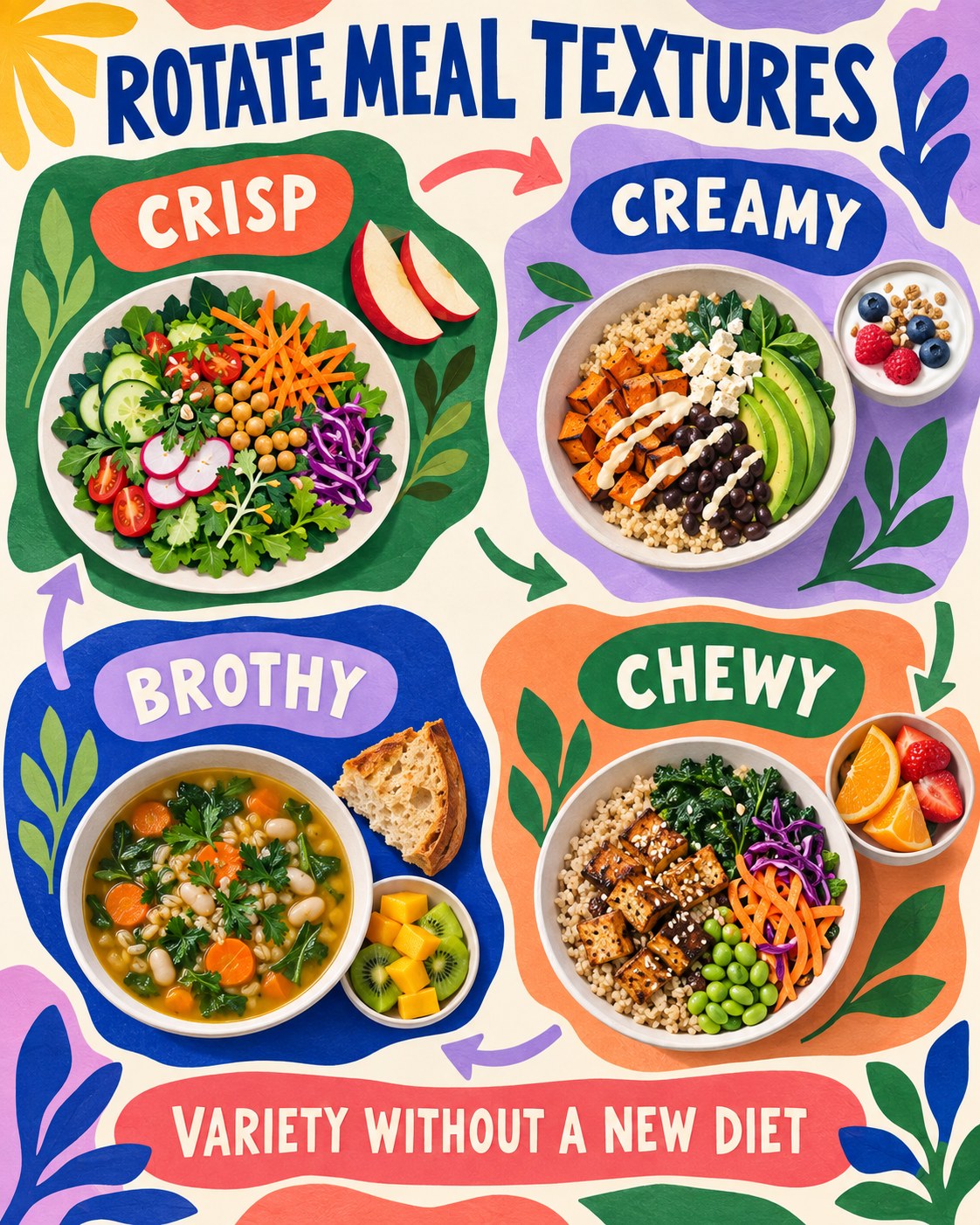 Ultramarine, coral, green, lilac, apricot, and cream cut-paper infographic showing four meal textures.