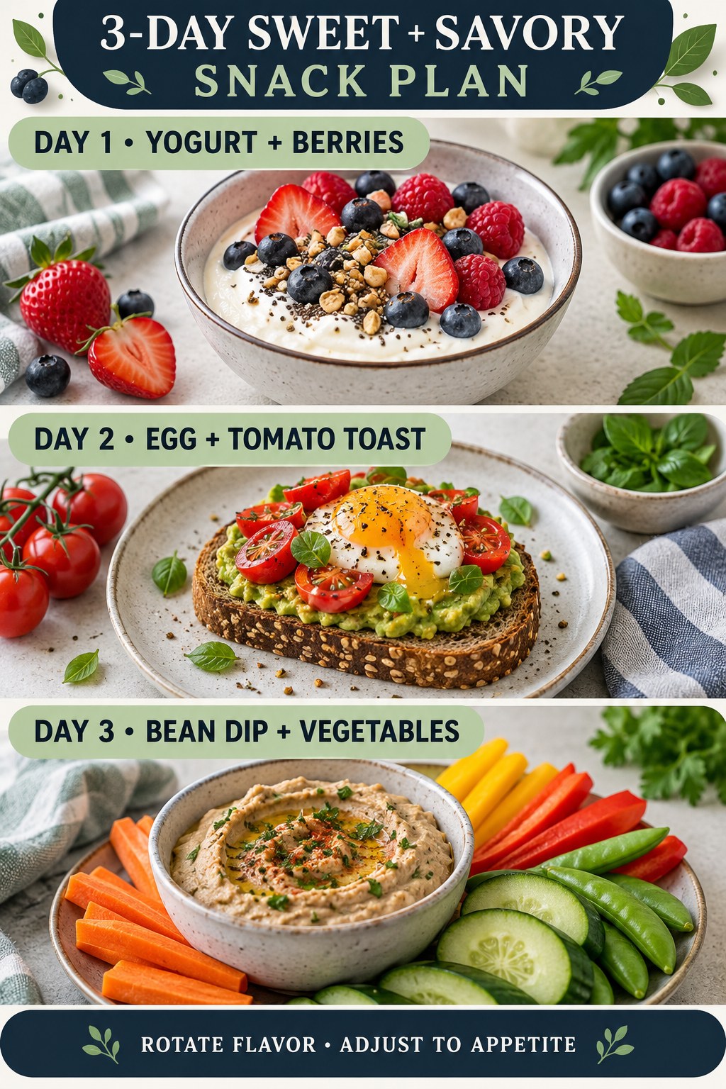 Three-day snack plan with yogurt and berries, egg tomato toast, and bean dip with vegetables.