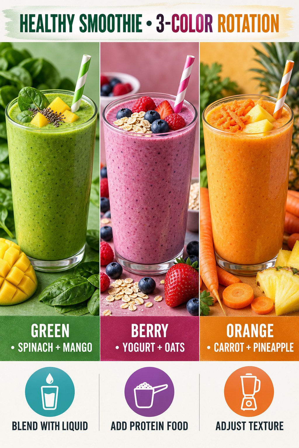 Green, berry, and orange healthy smoothie rotation with fruit, vegetables, yogurt, and oats.