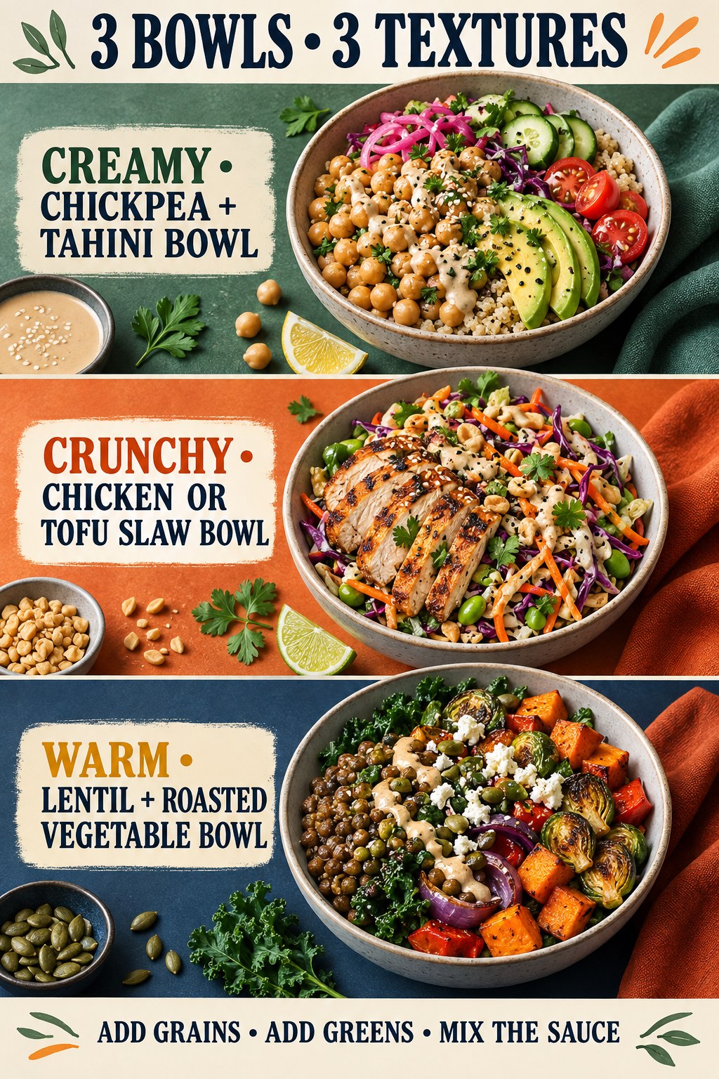 Three high-protein bowls with creamy chickpeas, crunchy chicken or tofu slaw, and warm lentils.