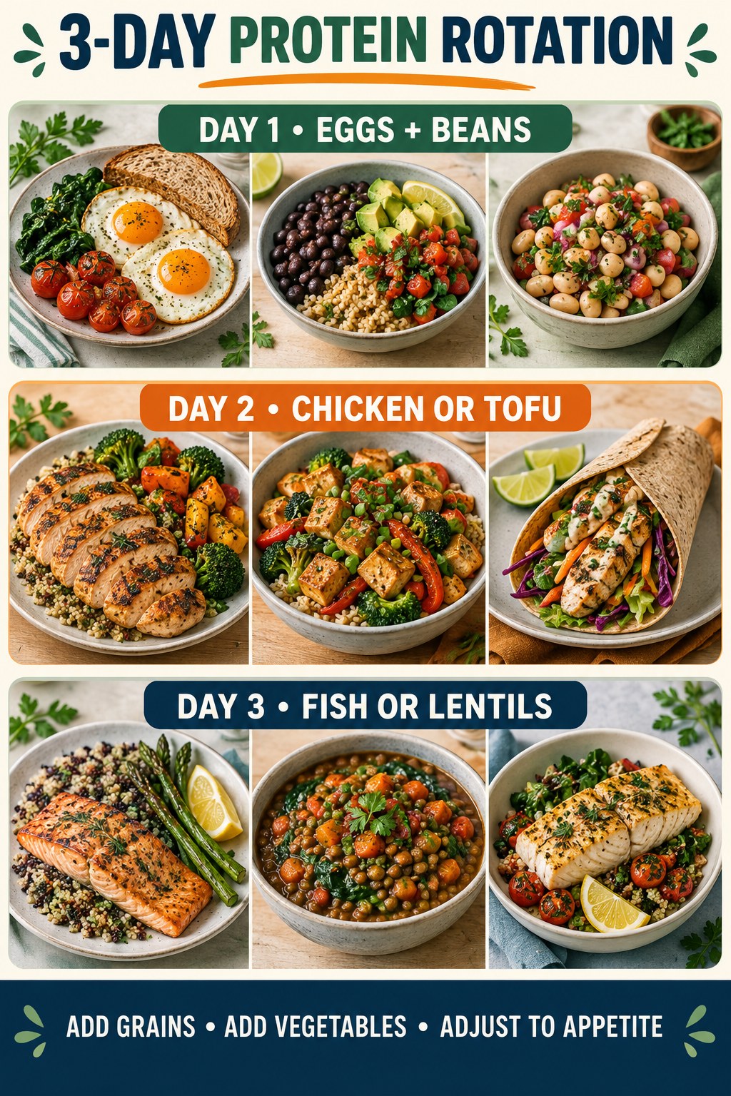 Three-day protein rotation with eggs and beans, chicken or tofu, fish or lentils, grains, and vegetables.