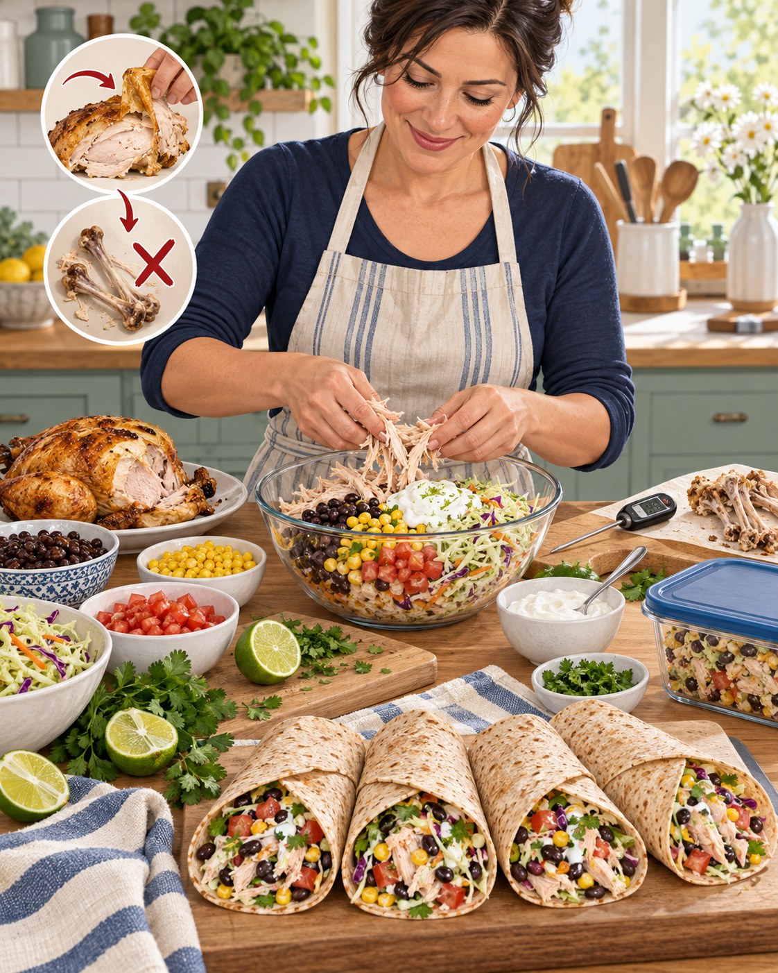 Woman mixing shredded chicken, black beans, corn, cabbage slaw, tomatoes, lime, and yogurt for wraps