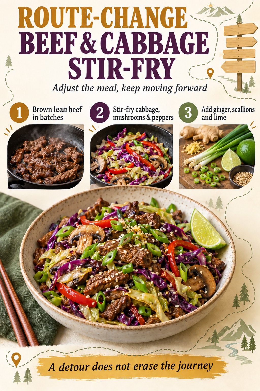 Route-change beef and cabbage stir-fry infographic with mushrooms, peppers, ginger, scallions, sesame, lime, and three steps.