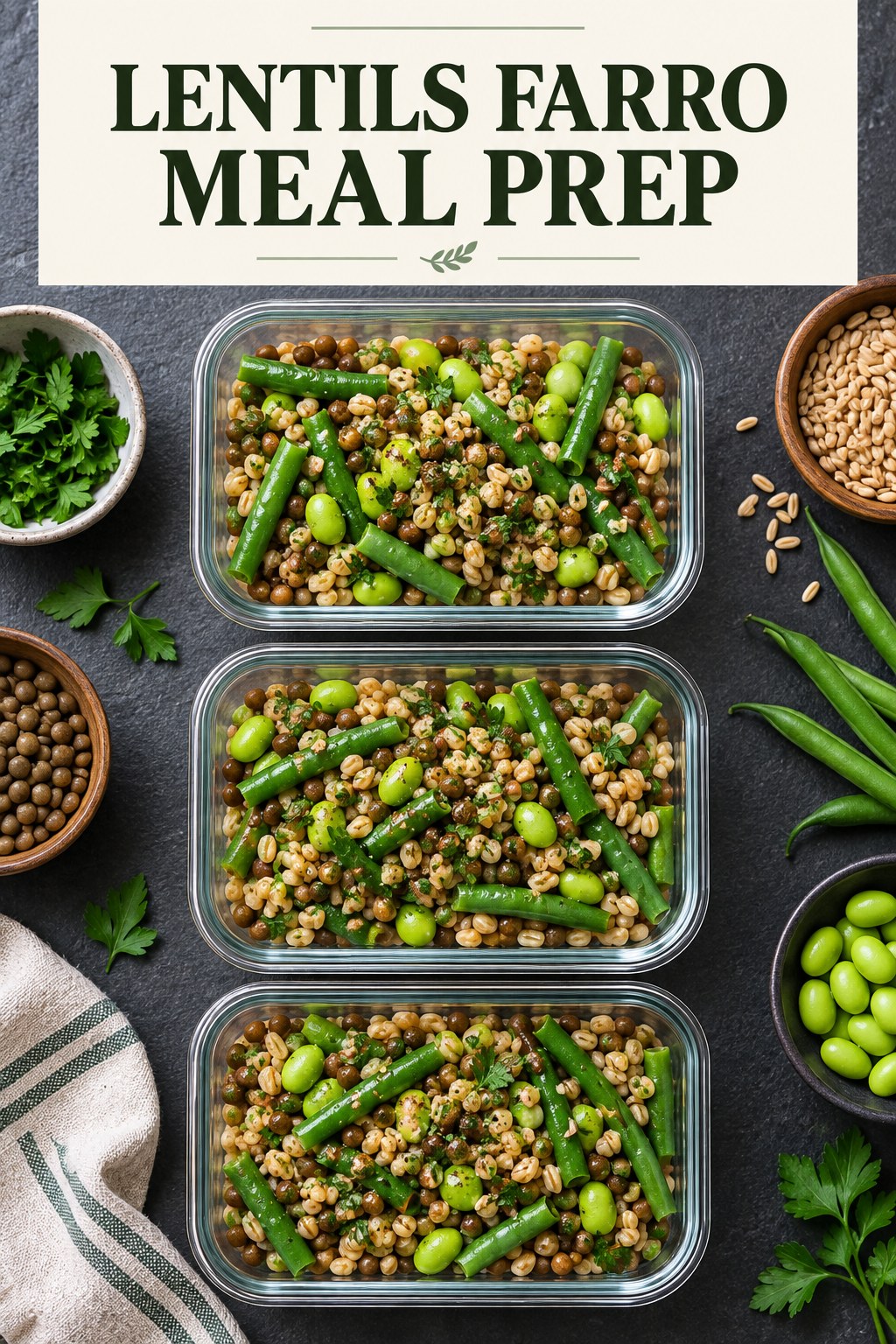 Three containers of routine-building lentils farro prep boxes with lentils, farro, edamame, and green beans.