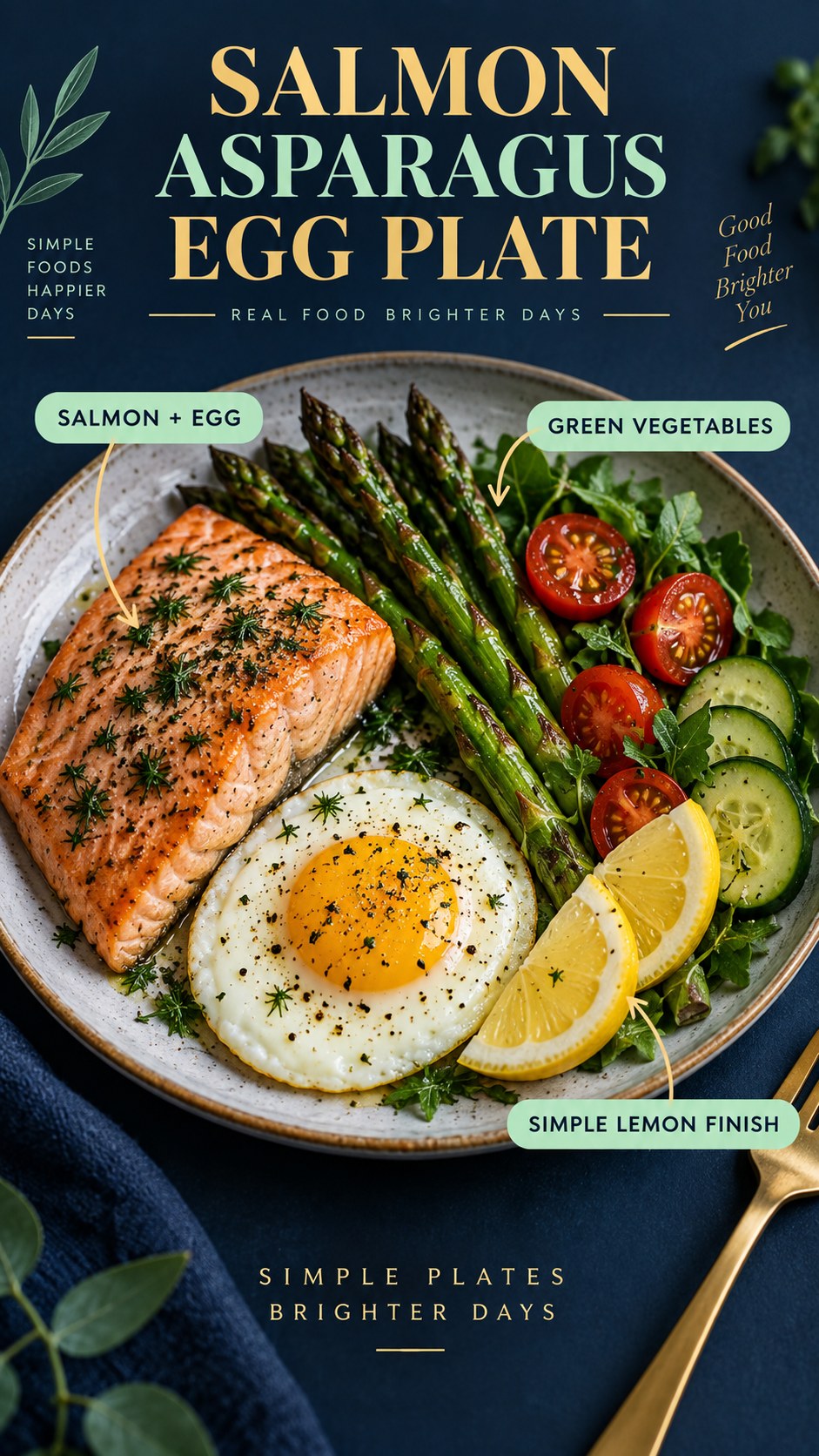 Navy and mint infographic showing salmon, a cooked egg, asparagus, tomatoes, cucumber, lemon, and leafy greens