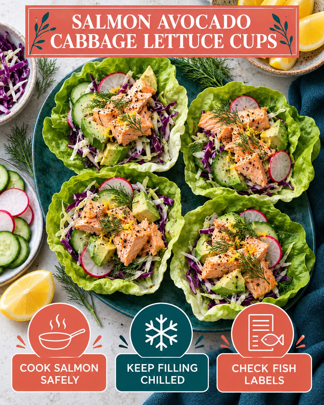 Lettuce cups filled with cooked salmon, avocado, cabbage, cucumber, radish, dill, and lemon