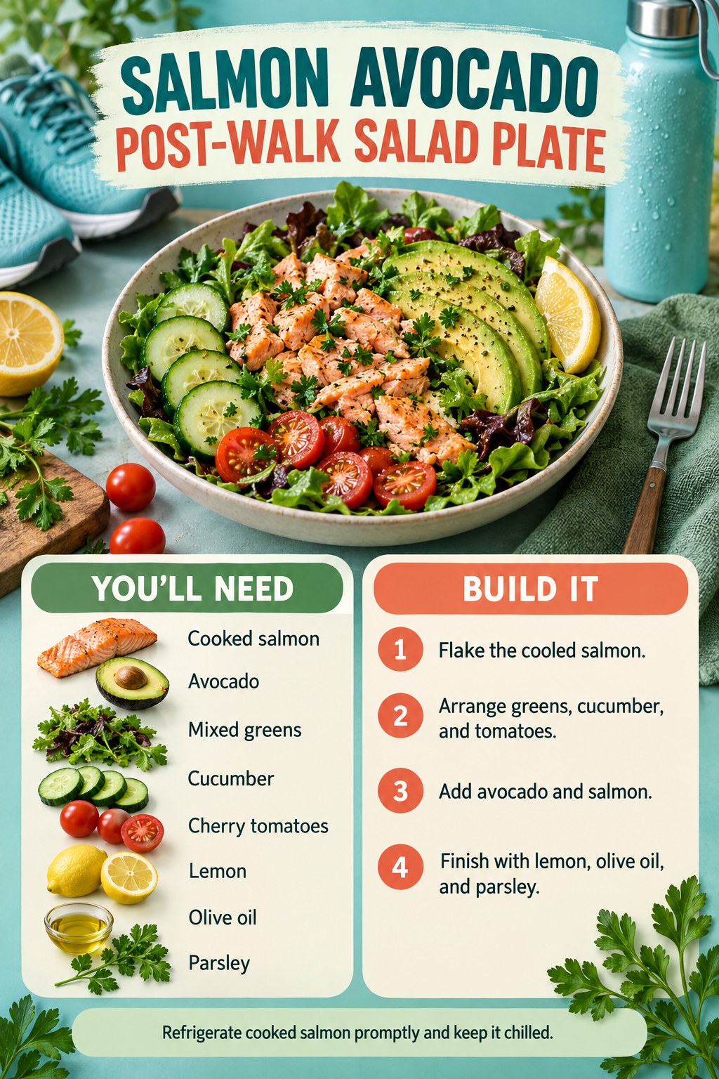 Post-walk salad plate with cooked salmon, avocado, greens, cucumber, tomatoes, lemon, and parsley.