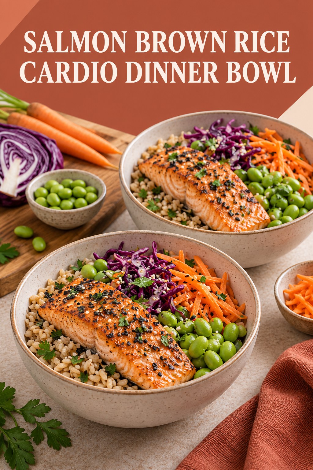 Two servings of salmon brown rice cardio dinner bowl made with salmon, brown rice, and vegetables.