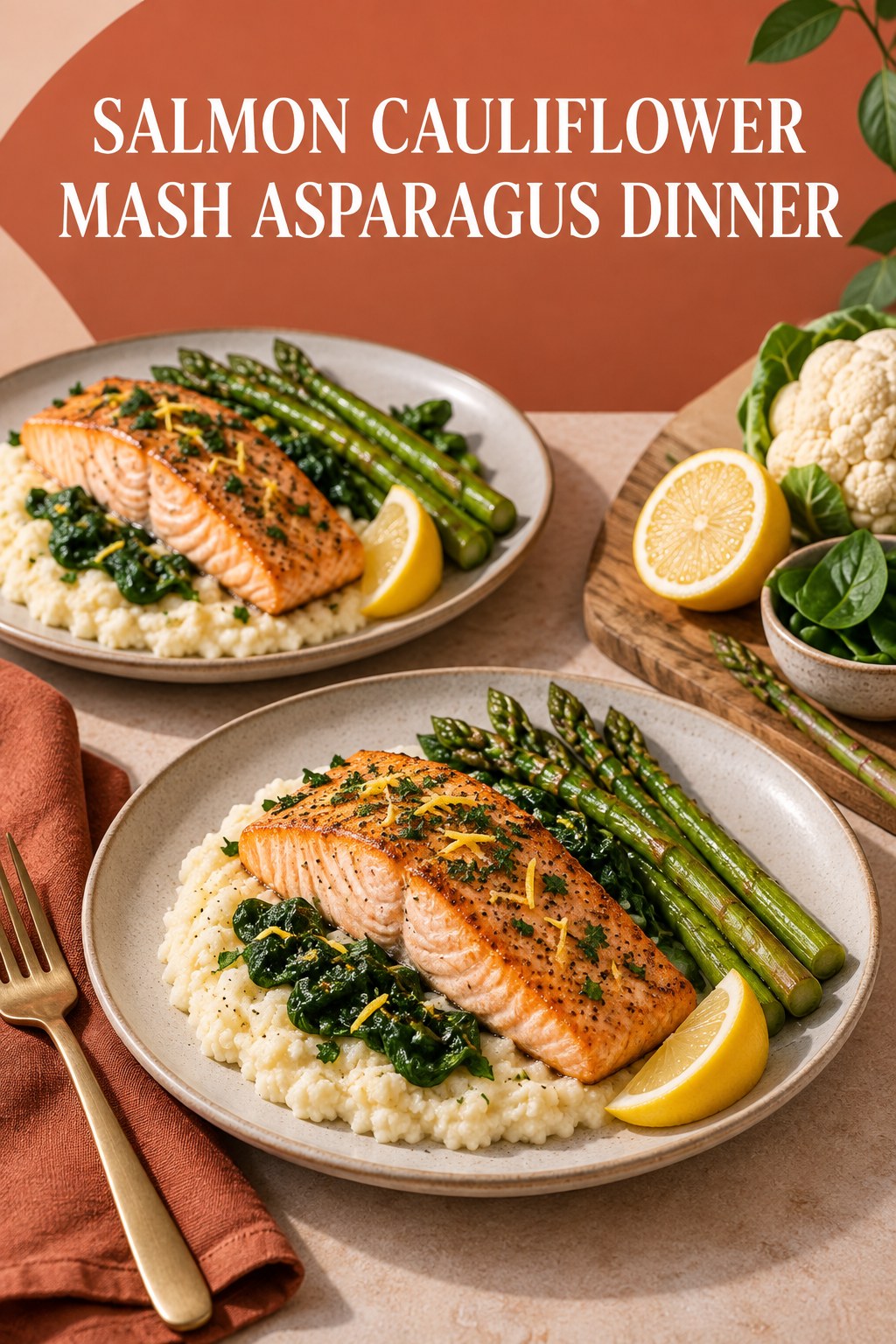 Two servings of salmon cauliflower mash asparagus dinner made with salmon, cauliflower, and vegetables.