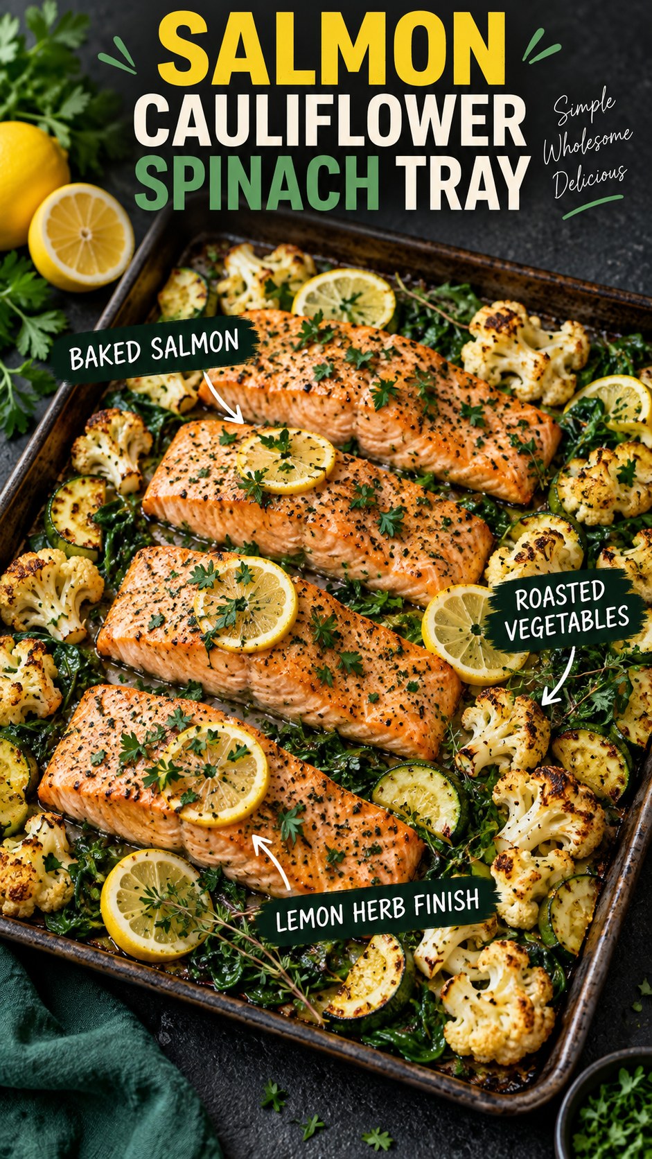 Charcoal and emerald infographic showing baked salmon, roasted cauliflower, spinach, zucchini, lemon, and herbs