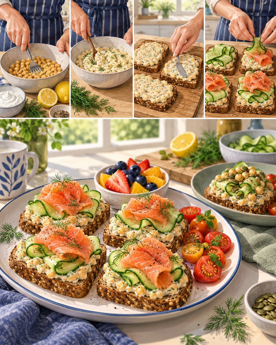 Hands mashing chickpeas with yogurt, lemon, and dill and topping four whole-grain toasts with cucumber and smoked salmon