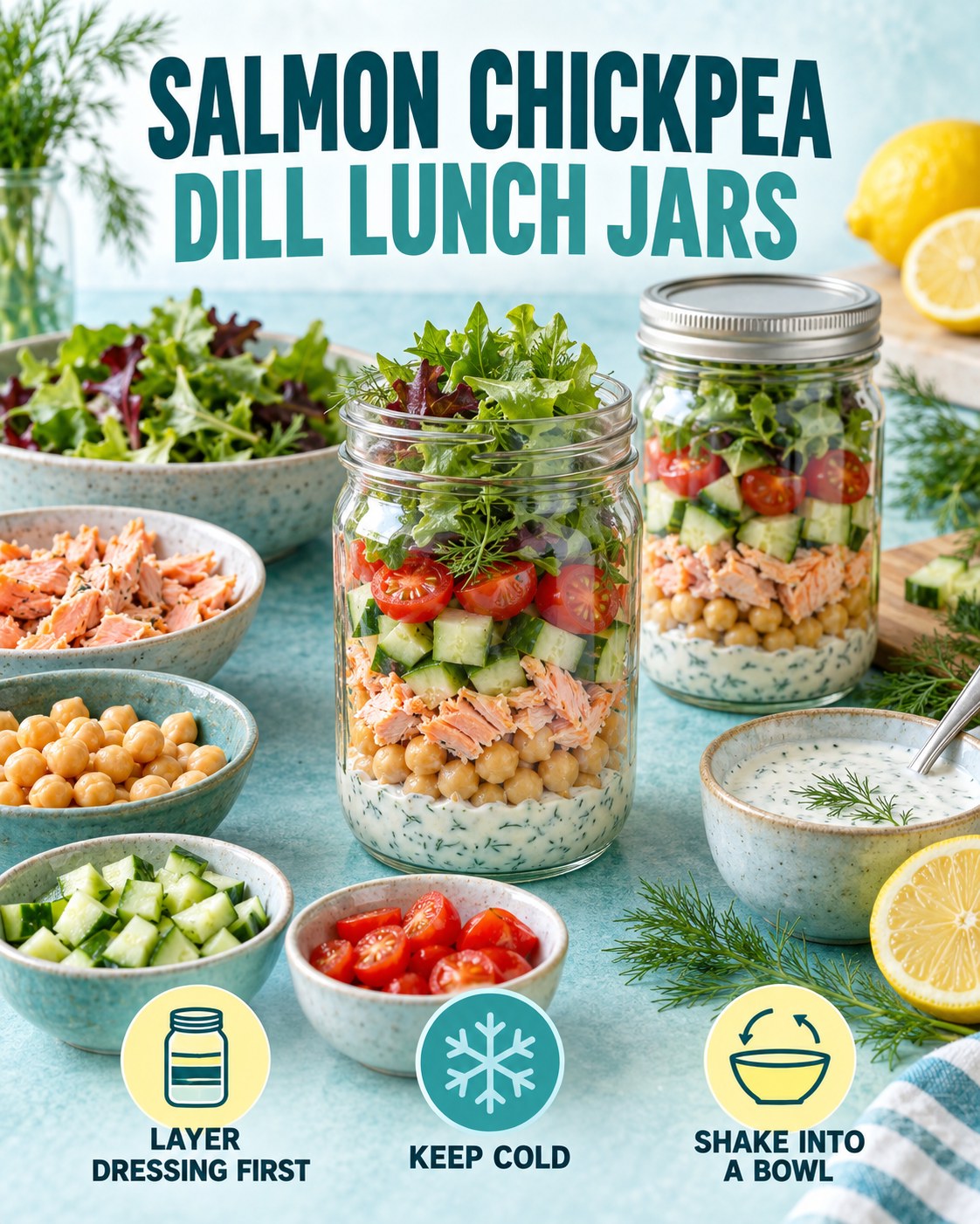Two salmon chickpea dill lunch jars layered with yogurt dressing, cucumber, tomatoes, greens, and meal-prep reminders.