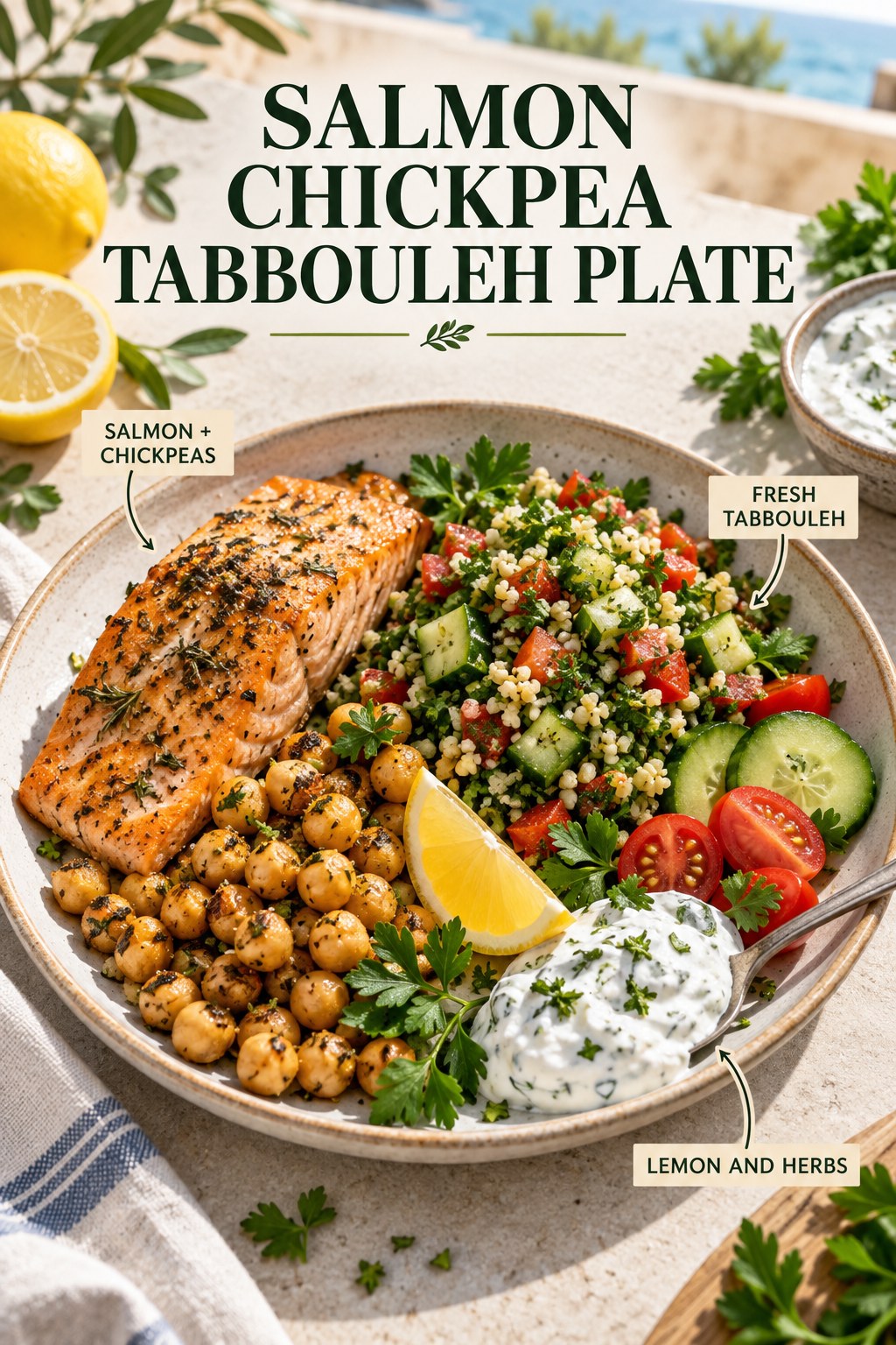Salmon chickpea tabbouleh plate with cucumber, tomato, parsley, lemon, and yogurt