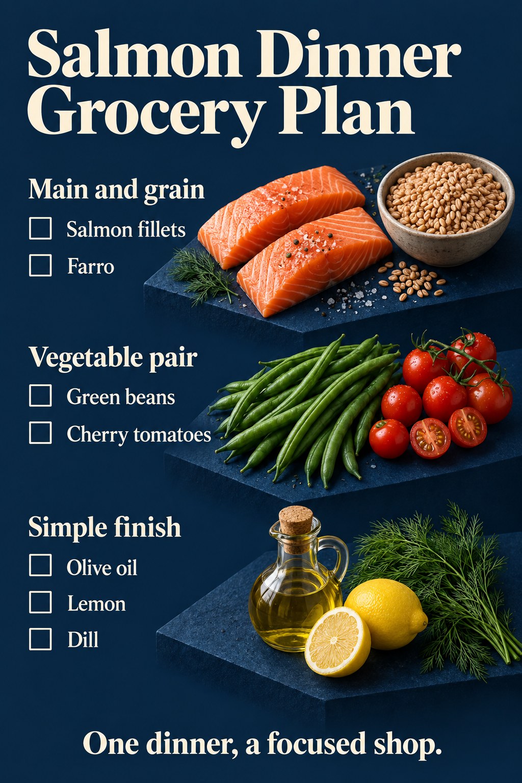 Navy dinner checklist with salmon, farro, green beans, cherry tomatoes, olive oil, lemon and dill.
