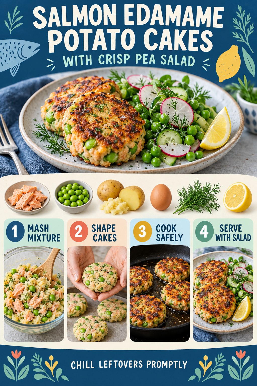 Portrait recipe infographic showing golden salmon edamame potato cakes with a crisp pea, radish, cucumber, dill, and lemon salad.