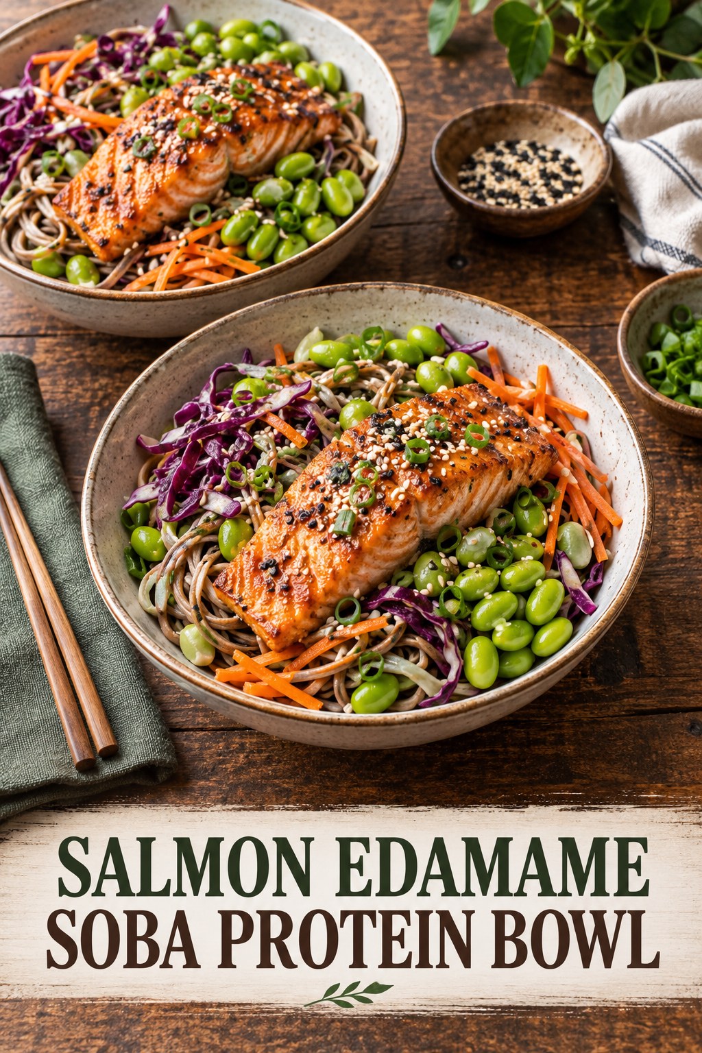 Two servings of salmon edamame soba protein bowl made with salmon, edamame, and vegetables.