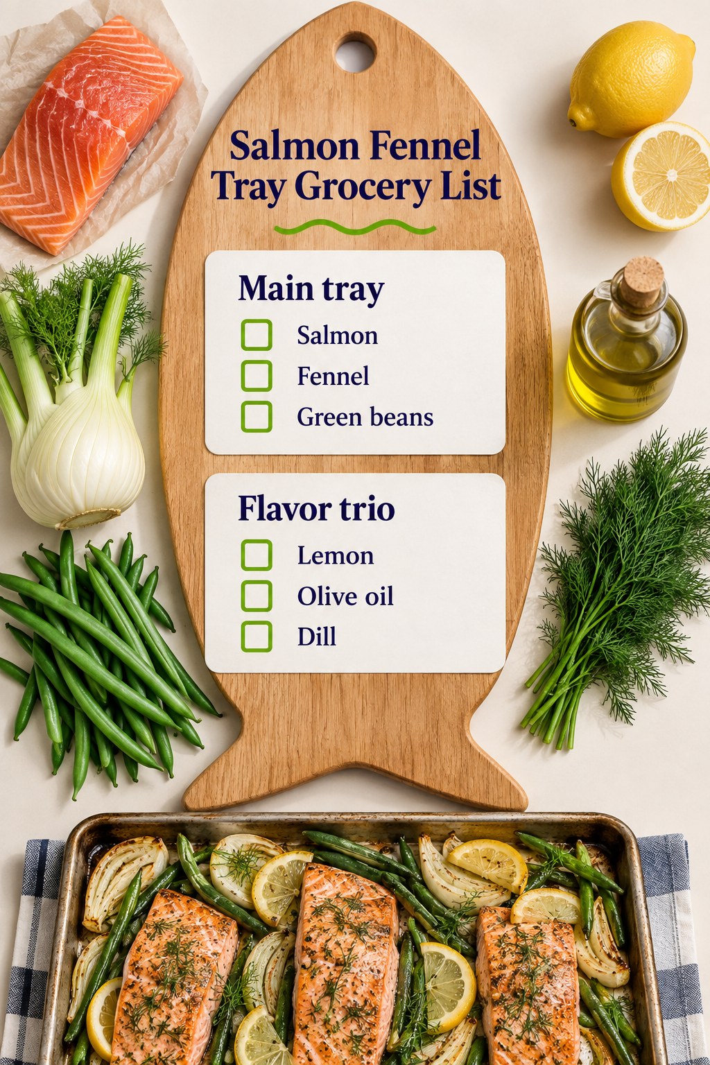 Fish-shaped wooden board grocery checklist with salmon, fennel, green beans, lemon, olive oil and dill.