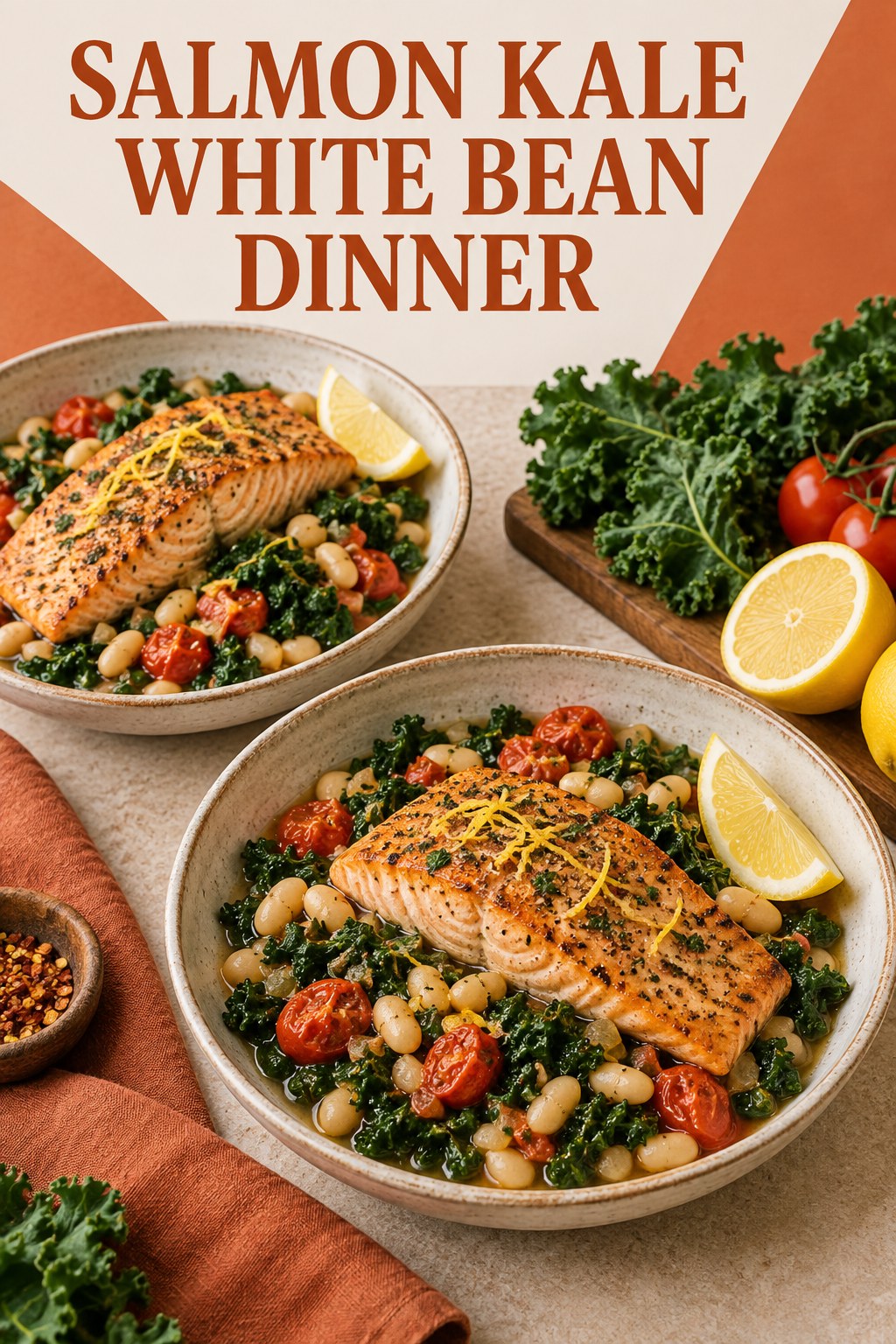 Two servings of salmon kale white bean dinner made with salmon, kale, and vegetables.