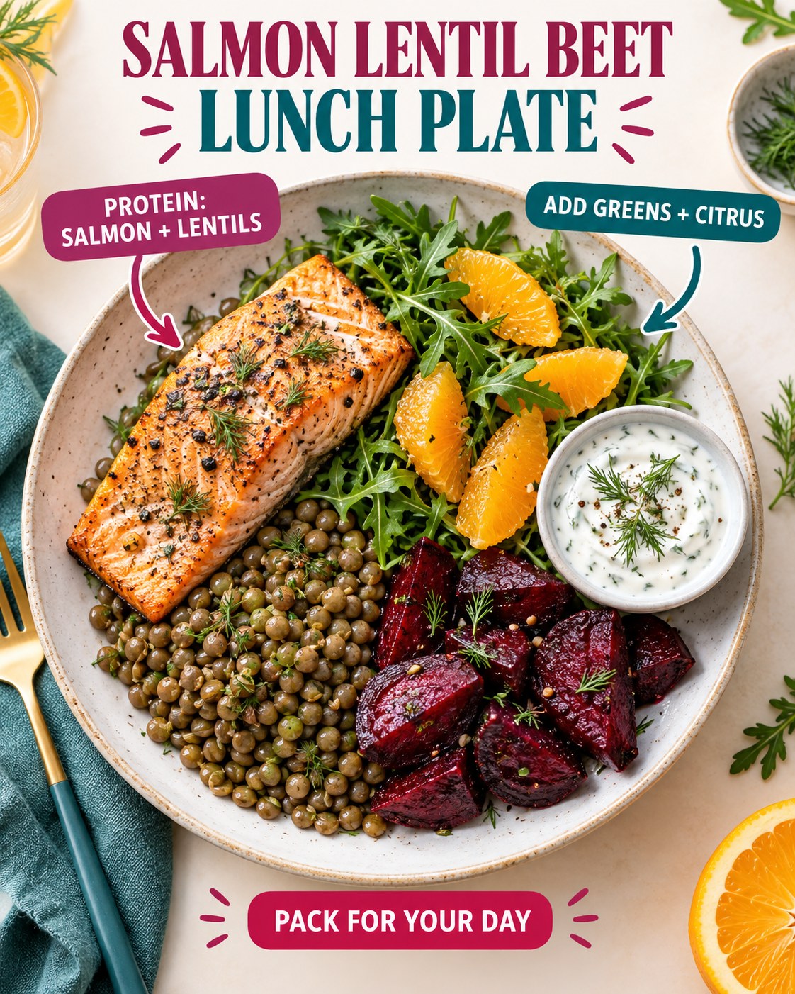 Salmon lentil beet lunch plate with arugula, orange segments, dill-yogurt sauce, and flexible packing guidance.