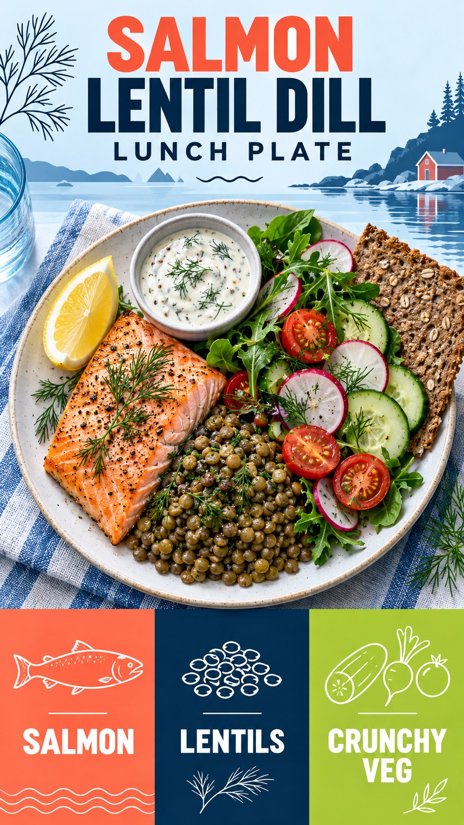 Lunch plate with cooked salmon, green lentils, cucumber, radish, tomatoes, greens, crispbread, lemon, and dill sauce