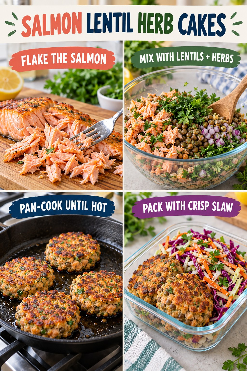 Salmon lentil herb cake infographic showing flaked salmon, lentils and herbs, pan-cooking, and a lunch box with crisp slaw.