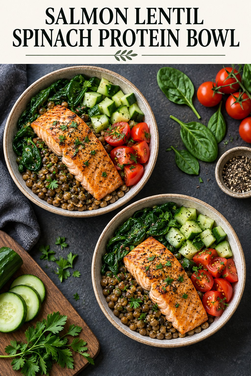 Two servings of salmon lentil spinach protein bowl made with salmon, lentils, and vegetables.