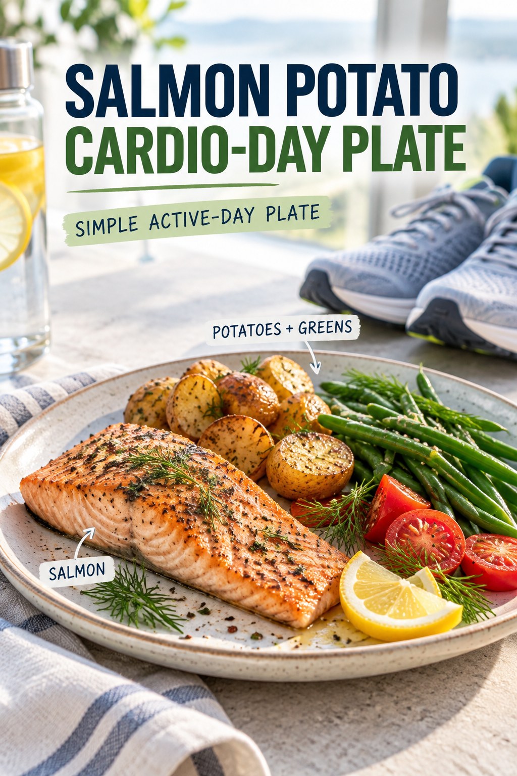 Salmon potato cardio-day plate with green beans, tomatoes, lemon, and dill