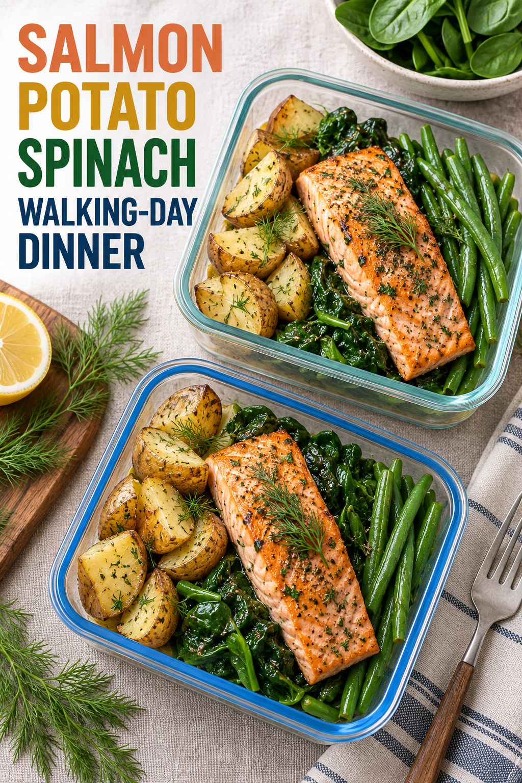 Two servings of salmon potato spinach walking-day dinner made with salmon, potato, and vegetables.