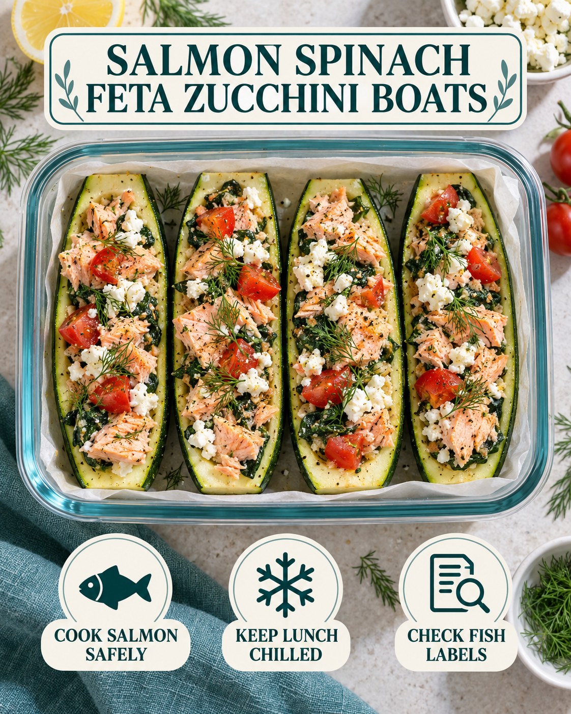 Zucchini boats filled with cooked salmon, spinach, feta, tomatoes, and dill