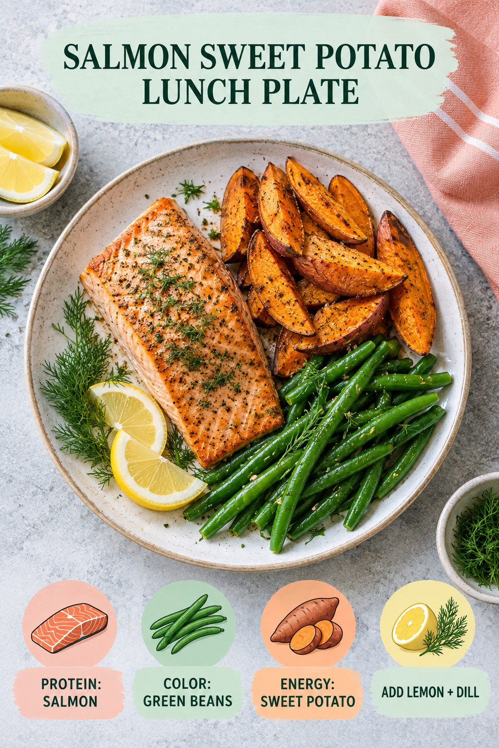 Salmon sweet potato lunch plate with green beans, lemon, dill, and labeled protein, color, and energy components.