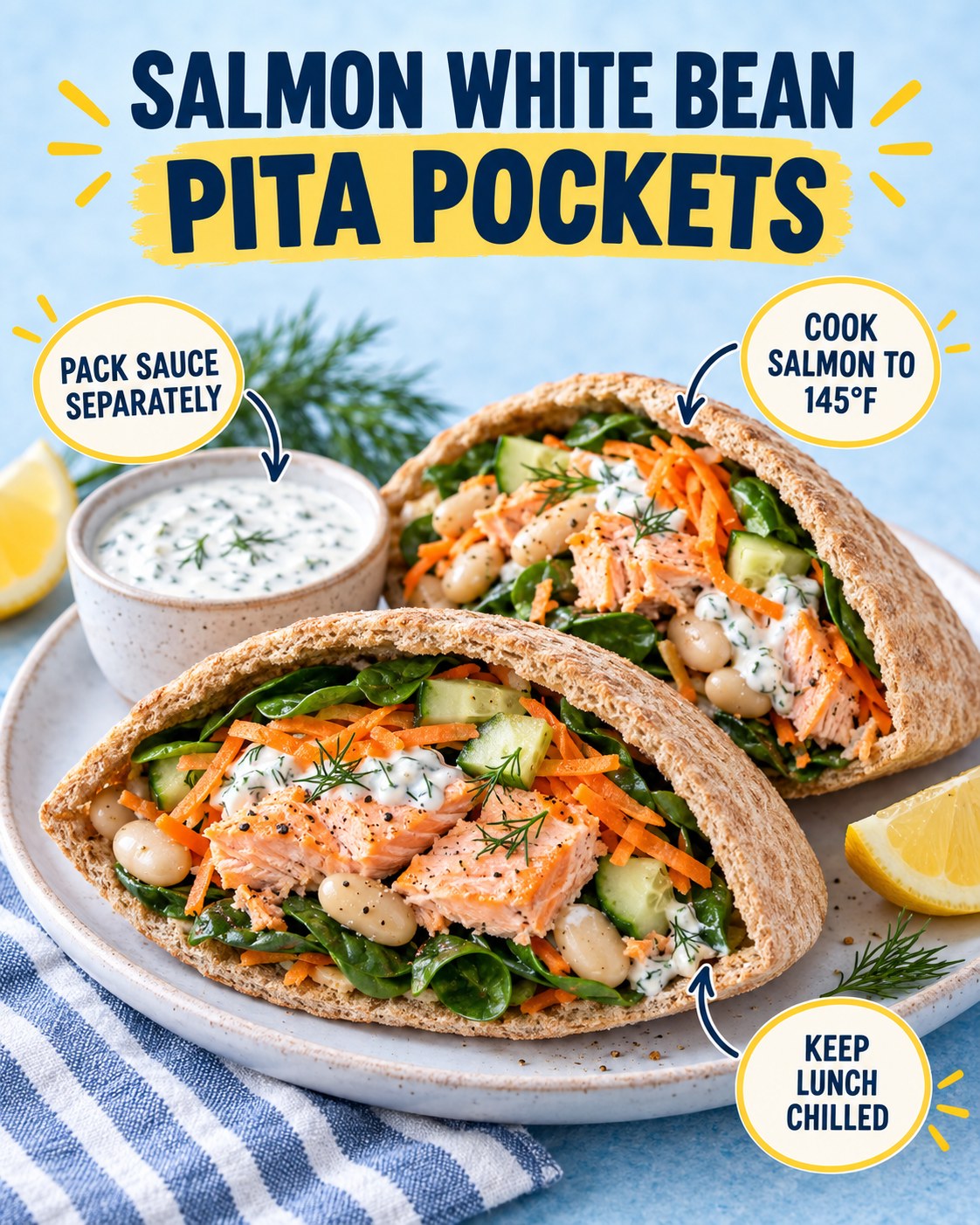 Two whole-grain pita pockets filled with cooked salmon, white beans, spinach, carrot, cucumber, and lemon-dill yogurt sauce