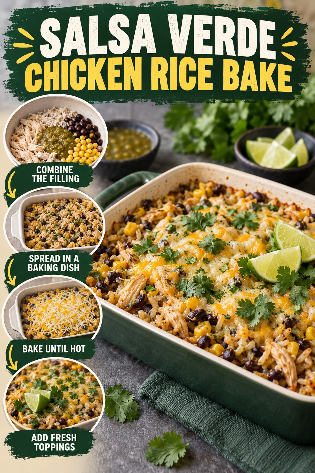 Chicken, rice, black bean, and corn casserole with salsa verde, lime, and four illustrated preparation steps.
