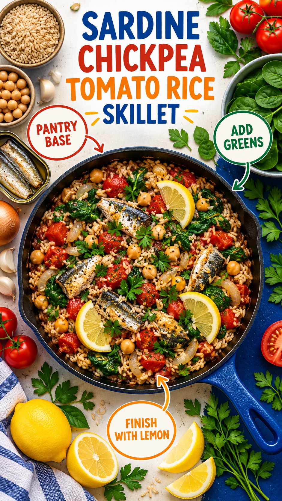 Skillet with sardines, chickpeas, brown rice, tomatoes, spinach, onion, parsley, and lemon wedges