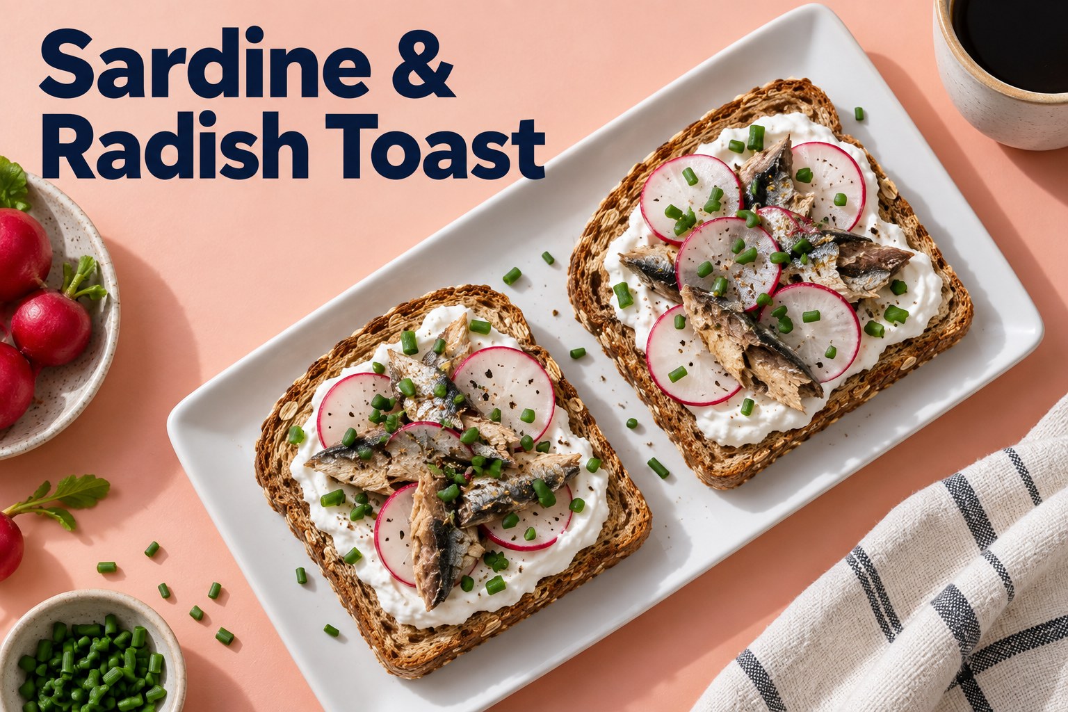 Sardine and radish toast with Greek yogurt and chives beneath the words Sardine & Radish Toast.