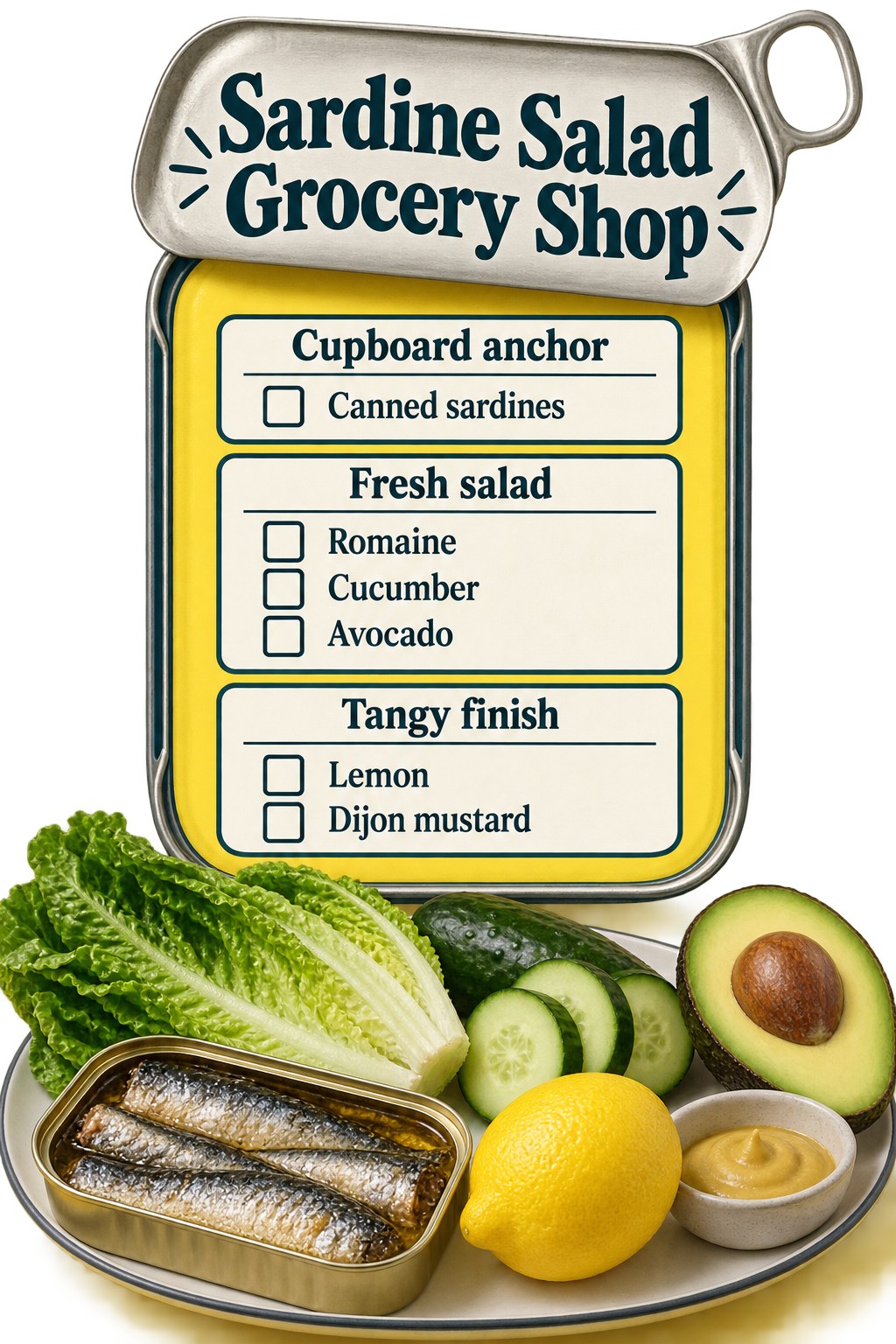 Yellow and teal pantry-tin grocery graphic listing sardines, romaine, cucumber, avocado, lemon and Dijon mustard.