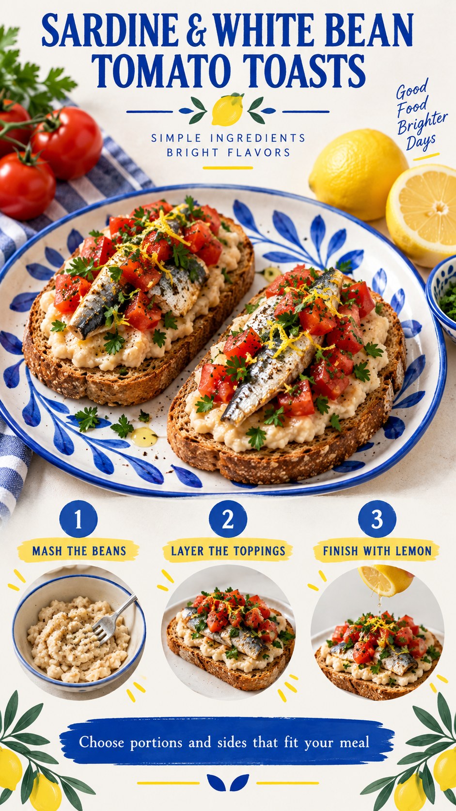 Cobalt and yellow infographic showing whole-grain toasts topped with mashed white beans, sardines, tomatoes, parsley, and lemon